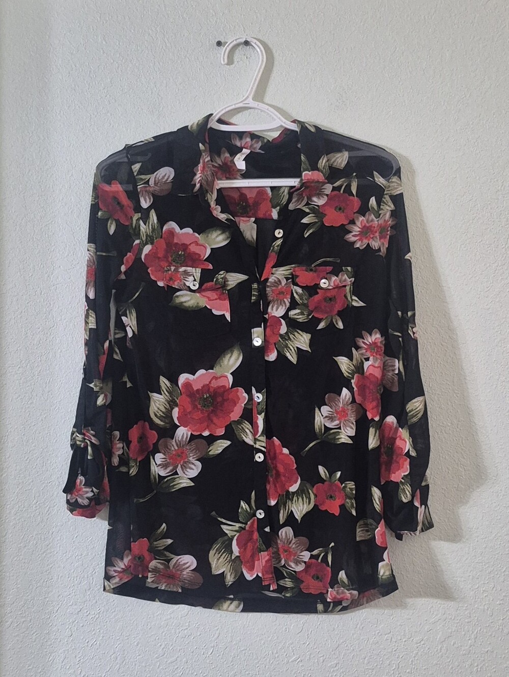 DNA couture Black Button-Front Blouse with Red Floral Print